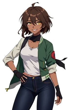 Yellow eyes,  Female,  Hatake Kakashi,  short hair,  green jacket,  Teen,  Black jeans,  Fingerless gloves,  brown hair,  solo,  dark skinned, cute, hair between eyes, smile, ahoge