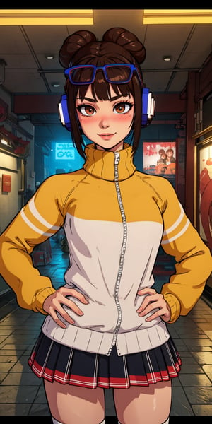 lifen, single hair bun, brown hair, brown eyes,  hands on hips, 
eyewear on head,  headphones,  wyellow and white jacket, long sleeves,  kneehighs,  shorts under skirt, 
chinatown, arcade,  indoors,  solo, 
standing, upper body,  smile, 
(insanely detailed, beautiful detailed face,, masterpiece, best quality) cinematic lighting, Blushing