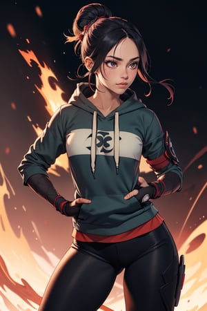  brown eyes,  Female,  Hatake Kakashi, bun hair, Hoodie, Teen, Black Leggings, muscular woman, Fingerless gloves, black hair, solo, dark skinned, fire abilities, raidenshogundef