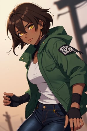 Yellow eyes,  Female,  Hatake Kakashi,  short hair,  green jacket,  Teen,  Black jeans,  Fingerless gloves,  brown hair,  solo,  dark skinned, cute, hair between eyes