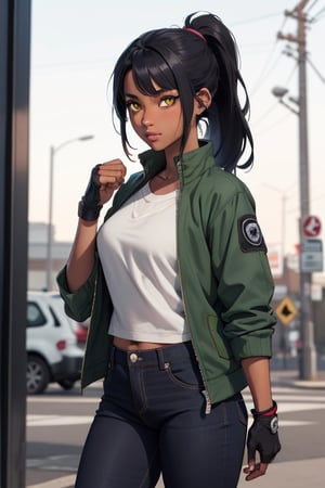 Yellow eyes,  Female,  Hatake Kakashi,  Ponytail,  green jacket,  Teen,  Black jeans,  Fingerless gloves,  Black hair,  solo,  dark skinned, cute, Latina