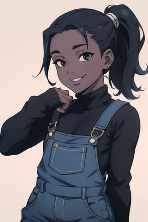 Black eyes, Black hair, female, female_solo, black sweater, overalls , smile, skin purple skin, child, short ponytail, dark_skin