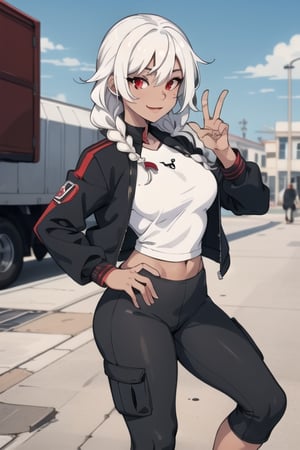 Arabic, Red eyes, White hair, female, female_solo, black jacket, leggings, tan skin, smile, French braids, mole on cheek, cargo pants 