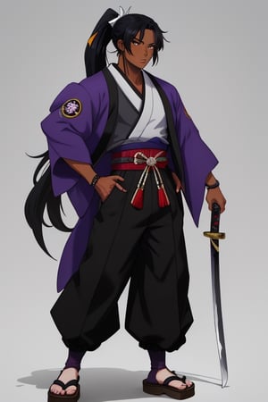 Dark Skinned, ponytail, black hair, two-tone-hair, Katana, baggy hakama pants, black high knee socks, sandals, purple jacket haori, muscular male, Black jacket, black fur on waist, best quality 