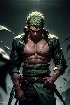 roronoa zoro, three swords on his waist, green outfit, green hair (vertical scar across the left eye), symmetrical body, muscular body, (closed left eye), full_body_portrait, cinematic lighting, high contrast, art station, character concept art, 8K, uplight, cinematic, (21 years old)