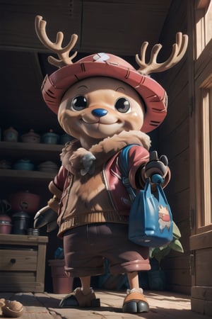 {The masterpiece}}, Tony Chopper (One Piece anime), detailed face, round black eyeballs, cute deer face, antlered deer, antlered hat, small body, muscular deer body, red shorts, carrying a blue bag, smiling, sunlight, early morning, half body camera shot, view to audience, 3D, CGI, highly detailed, isometric, excellent lighting, best quality, realistic, cinematic, professional photography, smooth, photorealistic, hyper realistic, 8k high resolution, epic, highly detailed,Animal,robot