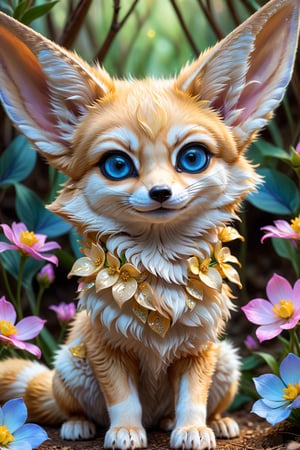 cute colorful magical charming animal fennec , baby fennec animal sequins, holographic filigree, reflective eyes, intricate, extremely detailed, filigree looking into the camera, large round detailed eyes, cute, charming, cutie, flowers, very fluffy, detailed eyes, magic, surrealism, fantasy, digital art, author Ross Tran, lop-ear, Artgerm and James Jean, Brian Froud, Naimi Kanani, masterpiece of complex art, golden section, trend of complex art stations, high detail, ultra-high quality