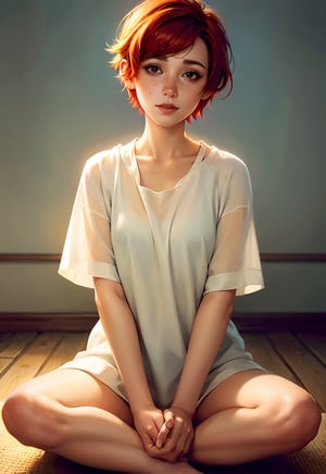 front of a woman in white linen clothes, short red hair pixie cut, caucasian, freckles, sitting in lotus seat,  meditating,  simple plain background, 