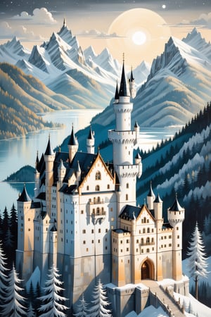 silver moonlight over Neuschwanstein Castle, perfect detailing, intricate details, mellow, muted hues, romantic, shabby-chic, dreamy artwork by oliver jeffers & jane newland   

