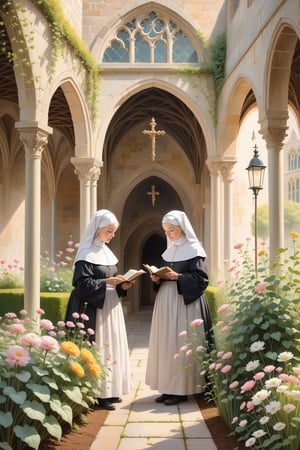nuns gardening in the cloister garden, perfect detailing, natural morning light

intricate details, hazy, mellow, pastel hues, romantic, shabby-chic, artwork by oliver jeffers, jane newland   