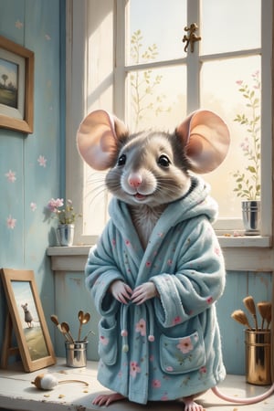 painting of the cutest mouse in a bathrobe, powerful detailing, on a shabby old rough table, in the background there is natural morning light from a window, 

intricate details, hazy, mellow, pastel hues, romantic, shabby-chic, artwork by oliver jeffers, jane newland   
