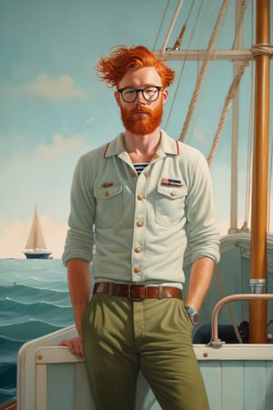painting of my favorite handsome sailor with red hair, freckles and glasses, powerful detailing, in the background there is natural morning light 
intricate details, hazy, mellow, pastel hues, romantic, shabby-chic, artwork by oliver jeffers, jane newland   