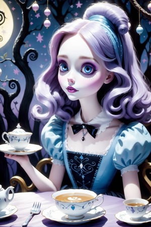 Cinematic, Tim Burton, beautiful, perfect face, big eyes, delicate, dainty, light on face, soft colors. Insanely detailed portrait adorable fairytale Nightmare Before Christmas Alice in Wonderland, nighttime, whimsical tea party, beautiful details, beautiful colors. Coby Whitmore, Mary Blair. Plum, blue.