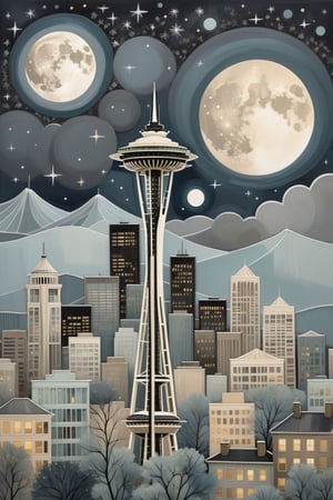 Silver moonlight over seattle space needle

perfect detailing, intricate details, mellow, muted hues, romantic, shabby-chic, dreamy artwork by oliver jeffers & jane newland  