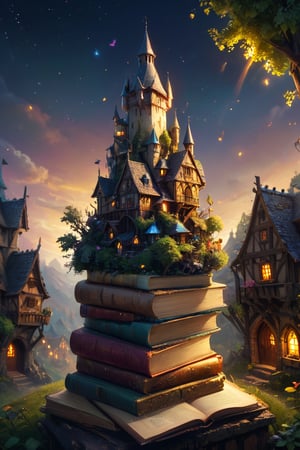 🏰🎨🌟Medieval Madness, Stack of Books with  magic medieval village on top, vibrant light, colorful painting, hyper detailed, intricate details, digital illustration fairytale environment, sparkle's in the air , magic,  little fairytale  buildings ,little trees ,realistic 8k resolution , night ,octane render, sharp focus 