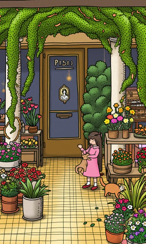 A cute little girl, playing with the catexQuisite modern flower shop of the city, Simplicity, sharpie illustration, bold lines, doodle in the style of Keith Haring, thedoor of the flower shop is surrounded by plantsand flower vines, dappled sunlight down, greerplants, flowers of all colors, anime aestheticchildlike innocence and charm, Cartoonishillustration, petcor