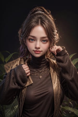 (best quality,4k,8k,highres,masterpiece:1.2),ultra-detailed,(realistic,photorealistic,photo-realistic:1.37),portraits,colorful lighting,bokeh,long purple hair flowing with the wind,cinematic lighting effects,the woman has a gentle smile and sparkling eyes, stunning dress, earrings and necklaces with intricate patterns,tropical garden as the background, vibrant colors, warm and soft color tones.