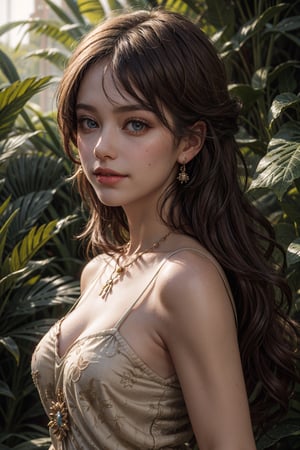 (best quality,4k,8k,highres,masterpiece:1.2),ultra-detailed,(realistic,photorealistic,photo-realistic:1.37),portraits,colorful lighting,bokeh,long hair flowing with the wind,cinematic lighting effects,the woman has a gentle smile and sparkling eyes, stunning dress, earrings and necklaces with intricate patterns,tropical garden as the background, vibrant colors, warm and soft color tones.,perfecteyes