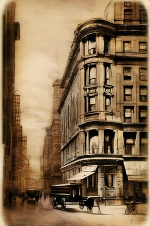 old pencil drawing Old New York Broadway Near 17th, old buildings , church, sky scrapers, old cars on street , time period 1900, old stained little cracked paper , Leonardo DaVinci-style technical,pencil sketch