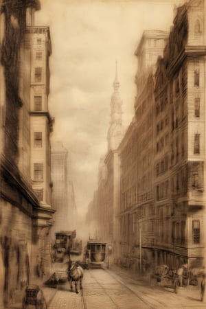 old pencildrawing Old New York Broadway Near 17th, old buildings , church, sky scrapers, old cars on street , time period 1900, old paper , Leonardo DaVinci-style technical,pencil sketch