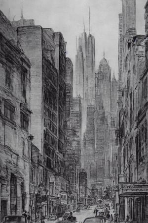 old pencil drawing of american city view, old buildings , church sky scraper, old cars , time period 1900, old paper 