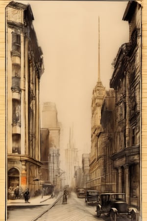 old pencil drawing Old New York Broadway Near 17th, old buildings , church, sky scrapers, old cars on street , time period 1900, old paper , Leonardo DaVinci-style technical,pencil sketch, orange accent