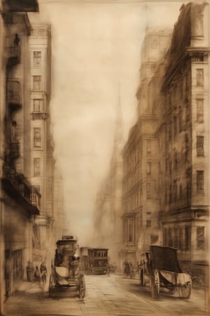 old pencildrawing Old New York Broadway Near 17th, old buildings , church, sky scrapers, old cars on street , time period 1900, old paper , Leonardo DaVinci-style technical,pencil sketch