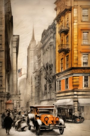 old pencil drawing Old New York Broadway Near 17th, old buildings , church, sky scrapers, old cars on street , time period 1900, old paper , Leonardo DaVinci-style technical,pencil sketch, orange accent