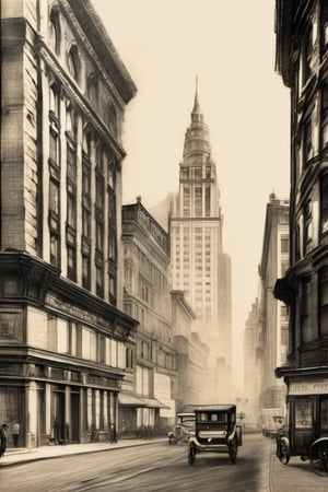 old pencildrawing Old New York Broadway Near 17th, old buildings , church, sky scrapers, old cars on street , time period 1900, old paper , Leonardo DaVinci-style technical,pencil sketch