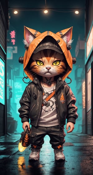 Isometric view of mini cute surreal futuristic soldier cat wearing cyberpunk jacket. Orange skin. Movie, super detailed, neon back alley in the background, highly detailed, zoomed out,