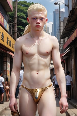 Jorge  varon africano albino de 18 años hermoso, de rasgos finos, usando un micro bikini de dorado, caminando por la ciudad, detailmaster2