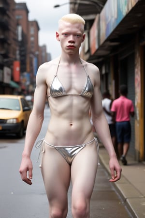 Jorge  varon africano albino de 18 años hermoso, de rasgos finos, usando un micro bikini de plata, caminando por la ciudad, detailmaster2