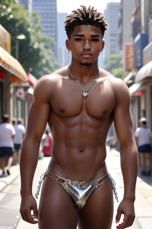 Jorge  varon africano de 18 años hermoso, de rasgos finos, usando un micro bikini de plata, caminando por la ciudad, detailmaster2