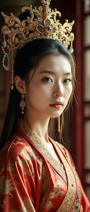 A stunning (Asian woman), wearing an opulent ancient Chinese empress costume,Her Slavic features, blue eyes and fair skin, contrast beautifully with the ornate Chinese attire, Elaborate headdress adorned with gold filigree, jade beads, and hanging pearls, Intricate phoenix crown with delicate golden leaves and gemstones,Layered silk robes in rich red and gold, embroidered with dragons and auspicious symbols, Wide, flowing sleeves with detailed embroidery, Ornate collar piece studded with precious stones,Long blonde hair partially visible beneath the headdress,Beautiful woman,Photorealistic, cinematic 