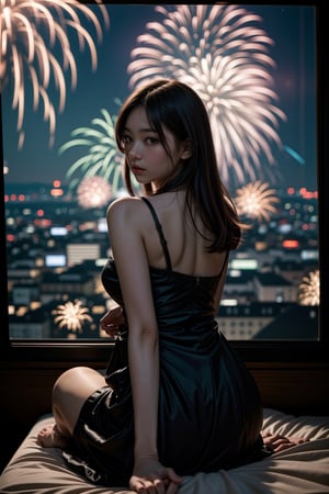 (Best quality, realism, photorealism, highres, UHD:1.2),Photo of Pretty Japanese woman, early-twenty, 1woman, miho, (shoulder length dark brown hair), double eyelids, glossy plump lips, alluring plump figure, tall stature, pale skin, peach colored floral loose knee-length dress, (nighttime, dark theme:1.4), huge white room, french windows, (beautiful city night views and a grand fireworks display with brilliant colors:1.4), many huge fireworks raised high, queen size bed, on all fours on bed watching fireworks, full body portrait, cozy and aesthetics, sharp focus, from behind slightly above, hips focus, ray tracing, epiC35mm,,<lora:659111690174031528:1.0>