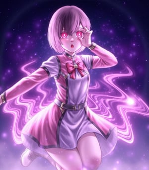 1girl,digital art,dynamic light,red eyes,glowing,dress,bob cut,kawai,dynamic pose,particles,f
night,stars