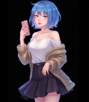 1girl,digital art,selfie,had,blue hair,sexy,skirt,black background,phone,bob cut