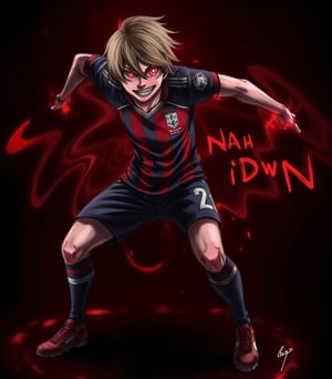 1boy,digital art,dynamic light,red eyes,glowing,football clothes,evil smile,anime,standing,darkness,dark,a manga style text saying "nah id win"