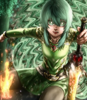 1girl,digital art,dynamic light,green eyes,green hair,green skirt,green top crop,black thigh stockings,happy,sitting,forest,fire,long hair,sword