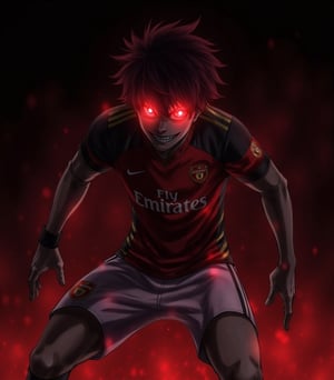 1boy,digital art,dynamic light,red eyes,glowing,football clothes,evil smile,anime,standing,darkness,dark,