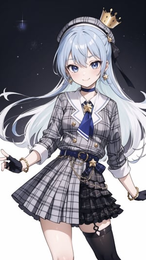 shinobu kochou, 1girl, masterpiece, extremely detailed face, lineart, sketch art, standing still, front view ,line anime, smiling,READ THE DESCRIPTIONm,HoshimachiSuisei,SuiseiBase, plaid beret, crown, blue star choker, star earrings, blue ascot, plaid jacket, plaid skirt, layered skirt, partially fingerless gloves, star bracelet, uneven legwear, thigh strap