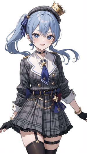 shinobu kochou, 1girl, masterpiece, extremely detailed face, lineart, sketch art, standing still, front view ,line anime, smiling,READ THE DESCRIPTIONm,HoshimachiSuisei,SuiseiBase, plaid beret, crown, blue star choker, star earrings, blue ascot, plaid jacket, plaid skirt, layered skirt, partially fingerless gloves, star bracelet, uneven legwear, thigh strap