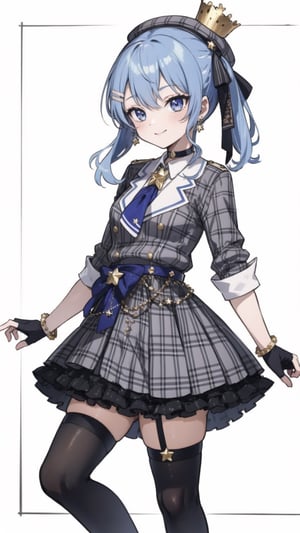 shinobu kochou, 1girl, masterpiece, extremely detailed face, lineart, sketch art, standing still, front view ,line anime, smiling,READ THE DESCRIPTIONm,HoshimachiSuisei,SuiseiBase, plaid beret, crown, blue star choker, star earrings, blue ascot, plaid jacket, plaid skirt, layered skirt, partially fingerless gloves, star bracelet, uneven legwear, thigh strap