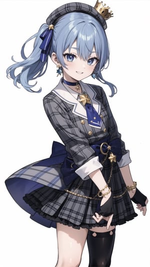 shinobu kochou, 1girl, masterpiece, extremely detailed face, lineart, sketch art, standing still, front view ,line anime, smiling,READ THE DESCRIPTIONm,HoshimachiSuisei,SuiseiBase, plaid beret, crown, blue star choker, star earrings, blue ascot, plaid jacket, plaid skirt, layered skirt, partially fingerless gloves, star bracelet, uneven legwear, thigh strap