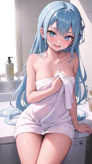 1girl, blue long hair,
high_school_girl,  Happy shy face , washroom , disheveled, aaasuna, :) , sexy  , naked towel,,1girl,READ THE DESCRIPTION