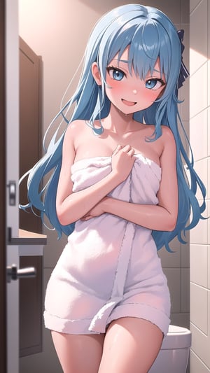 1girl, blue long hair,
high_school_girl,  Happy shy face , washroom , disheveled, aaasuna, :) , sexy  , naked towel,,1girl,READ THE DESCRIPTION