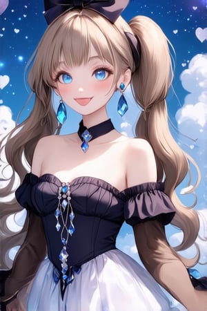 1 girl, solo, long hair, twin tail hairstyle, looking at viewer, blush, bangs, hair accessory, jewels, blue eyes, light brown wavy hair, ribbon, bow, earrings, medium bust,woman, off shoulder, gothic outfit, open lips, blurry, ((masterpiece)), excellent quality, light particles, fluffy clouds, hearts, ((stunning images: 1.3)), ((crystals in the air: 1)), detailed, detailed masterpiece, anime art style. , ek_real_b00ster, ek_ani_b00ster
sexy,naked