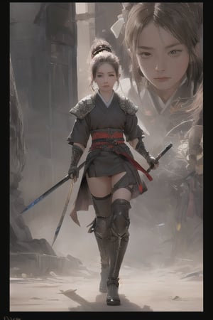 physically-based rendering, portrait, ultra-fine painting, extreme detail description, Akira Kurosawa's movie-style poster features a full-body shot of a super cute 18-year-old European-Japanese girl, embodying the Shinobi of Japan's Warring States Period, An enigmatic female kunoichi, clad in ninja armor , This striking depiction, seemingly bursting with unspoken power, illustrates a fierce and formidable female warrior in the midst of battle. The image, likely a detailed painting, showcases the intensity of the female ninja's gaze and the intricate craftsmanship of his armor. Each intricately depicted detail mesmerizes the viewer, immersing them in the extraordinary skill and artistry captured in this remarkable 