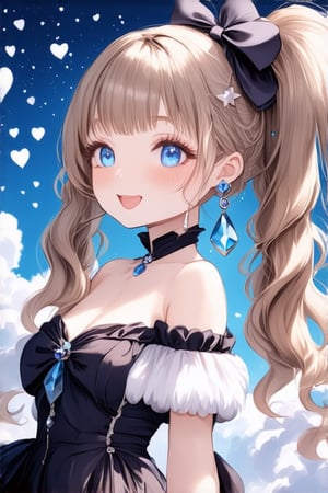 1 girl, solo, long hair, twin tail hairstyle, looking at viewer, blush, bangs, hair accessory, jewels, blue eyes, light brown wavy hair, ribbon, bow, earrings, medium bust,woman, off shoulder, gothic outfit, open lips, blurry, ((masterpiece)), excellent quality, light particles, fluffy clouds, hearts, ((stunning images: 1.3)), ((crystals in the air: 1)), detailed, detailed masterpiece, anime art style. , ek_real_b00ster, ek_ani_b00ster
sexy,naked