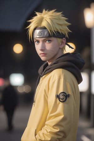 Hyperrealistic art cinematic photo n4rut0, 1boy, (facial mark), solo, whisker markings, forehead protector,spiked hair, (yellow hair),looking at viewer, Blue eyes, Streetwear Hoodie, (konohagakure symbol), short yellow hair, long sleeves, ninja,  . 35mm photograph, film, dinamic lighting, bokeh, professional, 4k, highly detailed . Extremely high-resolution details, photographic, realism pushed to extreme, fine texture, incredibly lifelike,Realism